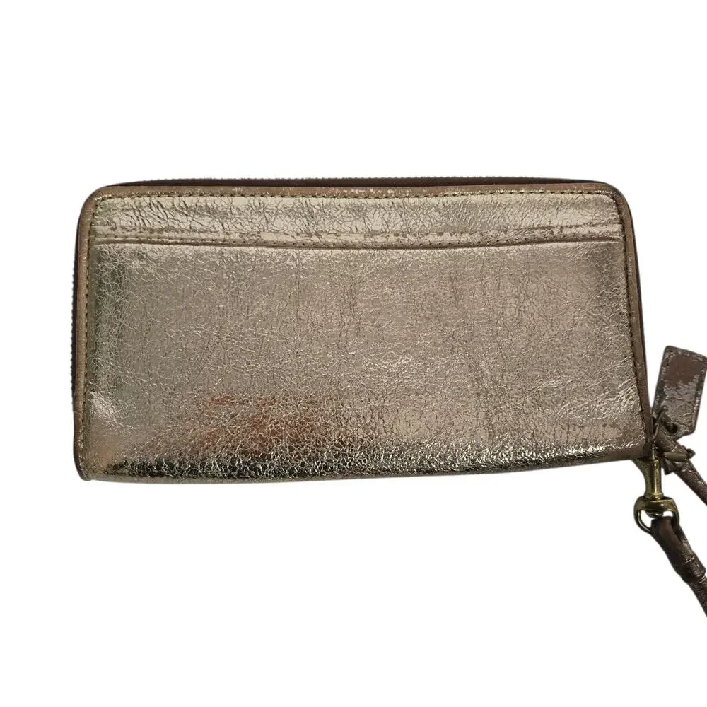 Coach Poppy Wallet Wristlet Gold Champagne Crinkle Leather Metallic Branded Zip